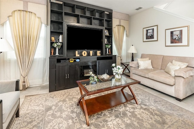 living room featuring light tile patterned floors