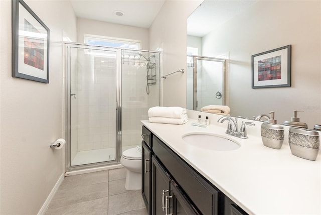 bathroom featuring tile patterned floors, vanity, an enclosed shower, and toilet