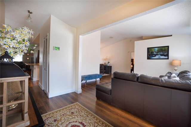 living room featuring dark hardwood / wood-style flooring and lofted ceiling