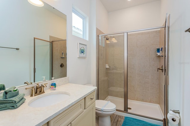 bathroom with vanity, toilet, and an enclosed shower