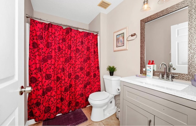 full bathroom featuring visible vents, toilet, curtained shower, tile patterned flooring, and vanity