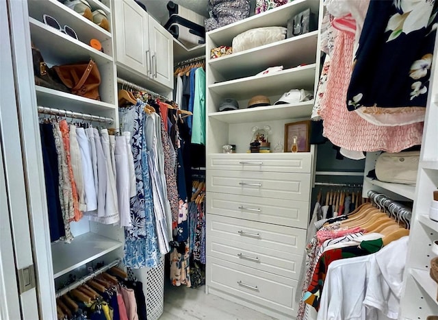 walk in closet with wood finished floors