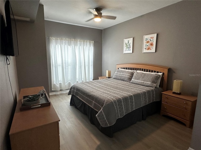 bedroom with a ceiling fan and light wood-style floors