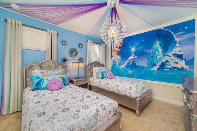 bedroom featuring lofted ceiling, baseboards, a chandelier, and light colored carpet