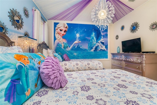 bedroom featuring lofted ceiling, visible vents, and a chandelier