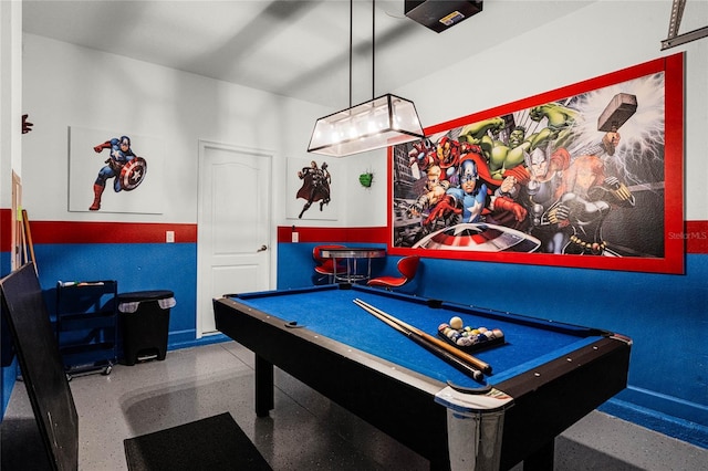 recreation room with pool table and speckled floor