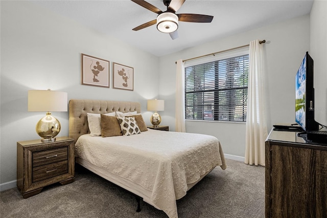 bedroom featuring a ceiling fan, baseboards, and carpet flooring