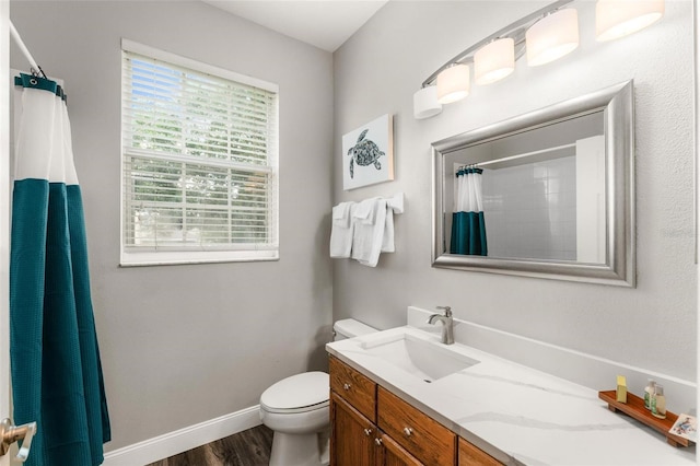 bathroom with toilet, vanity, wood-type flooring, and a wealth of natural light