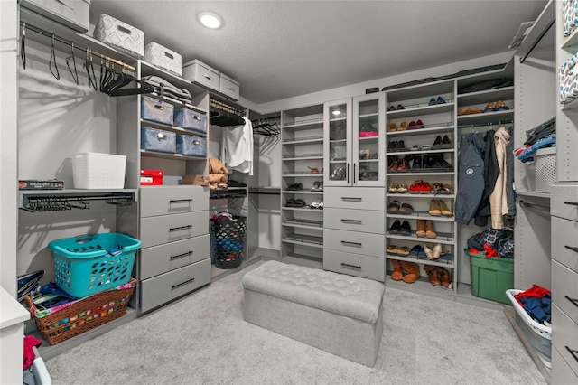 walk in closet with light carpet