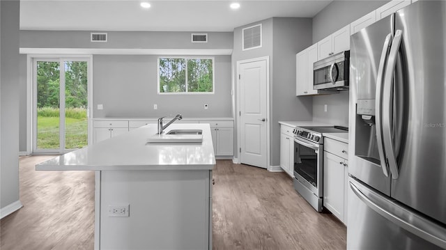 kitchen featuring stainless steel appliances, a kitchen island with sink, visible vents, and a sink