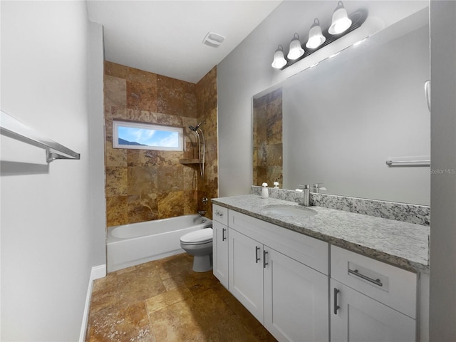 full bathroom with shower / tub combination, toilet, vanity, visible vents, and stone finish floor