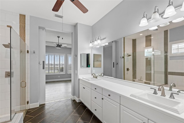 bathroom featuring a shower stall, a healthy amount of sunlight, and a sink