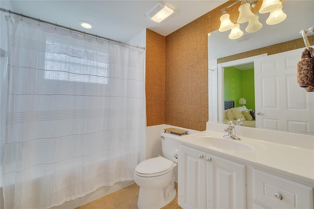 full bathroom with toilet, tile patterned flooring, vanity, tile walls, and shower with separate bathtub