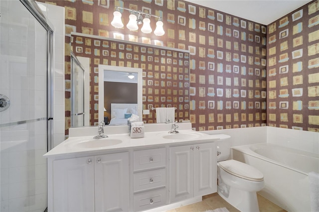 full bathroom with vanity, toilet, shower with separate bathtub, and tile patterned flooring