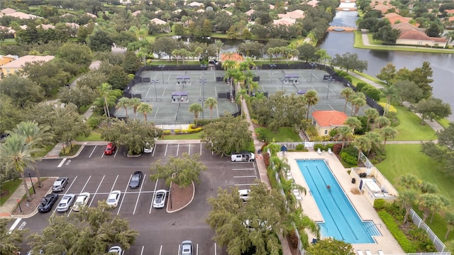 bird's eye view with a water view