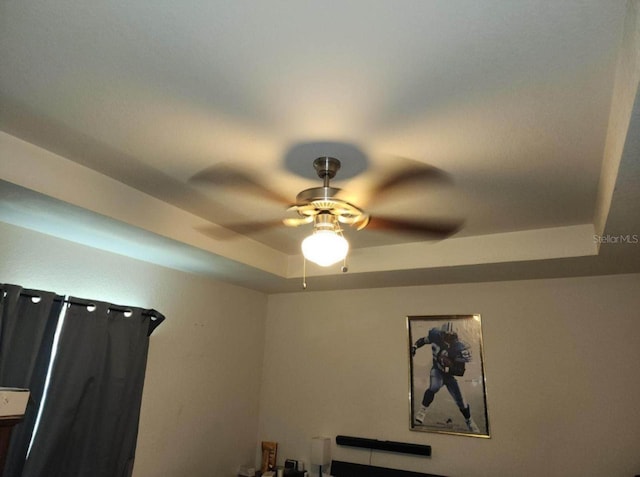 interior details with ceiling fan and a raised ceiling