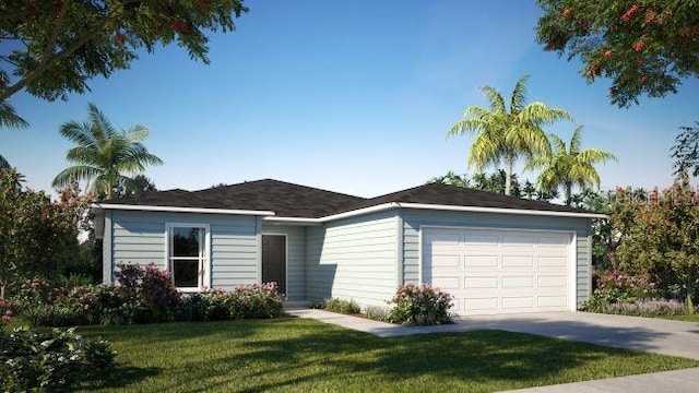 ranch-style house featuring a garage and a front lawn