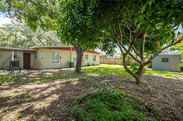 view of yard with a storage shed