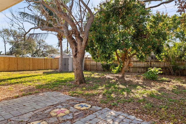 view of yard featuring a storage shed, a patio, an outbuilding, and a fenced backyard