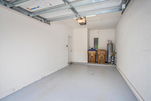 garage featuring electric panel, a garage door opener, and water heater