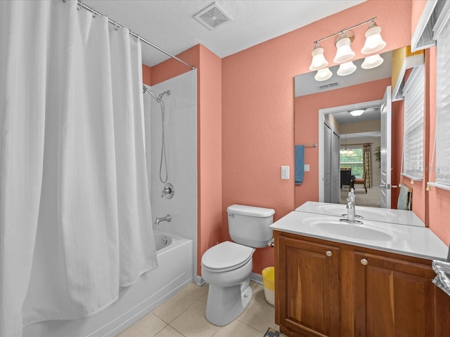 full bathroom with a textured ceiling, toilet, tile patterned flooring, shower / bath combination with curtain, and vanity