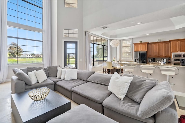 living room featuring a wealth of natural light, a towering ceiling, and a tray ceiling