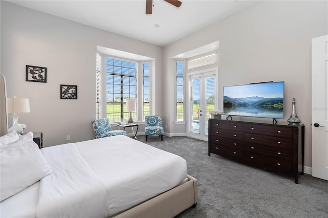 bedroom with ceiling fan, carpet flooring, and access to exterior