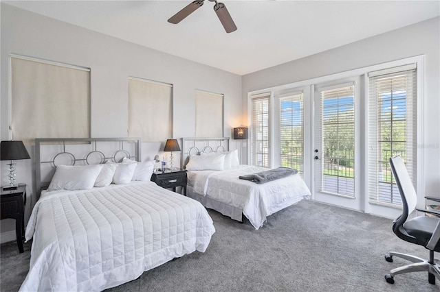 bedroom with ceiling fan, access to outside, and carpet