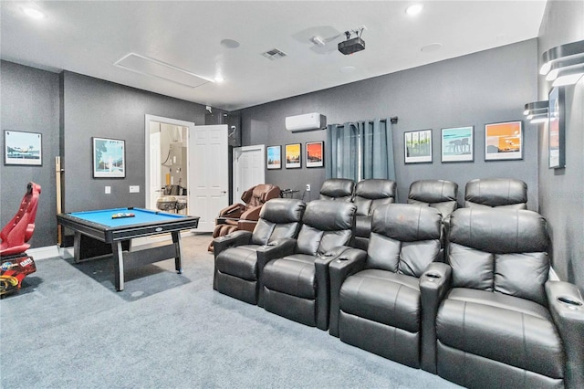 home theater featuring billiards and carpet flooring