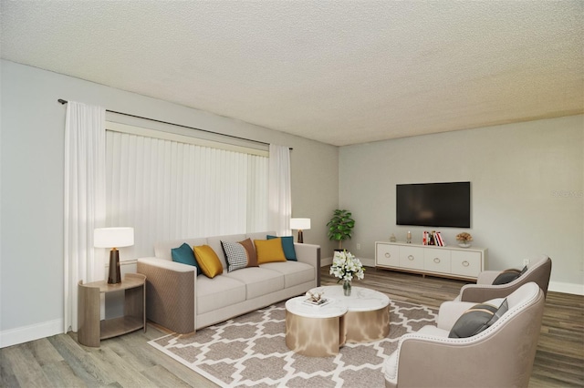 living room featuring a textured ceiling and wood-type flooring