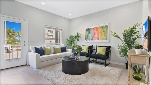 living room featuring light wood-type flooring and plenty of natural light