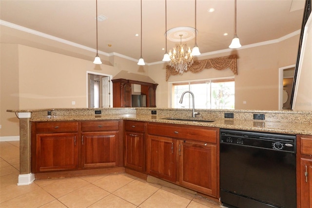 kitchen featuring black dishwasher, a notable chandelier, sink, light stone counters, and light tile patterned flooring