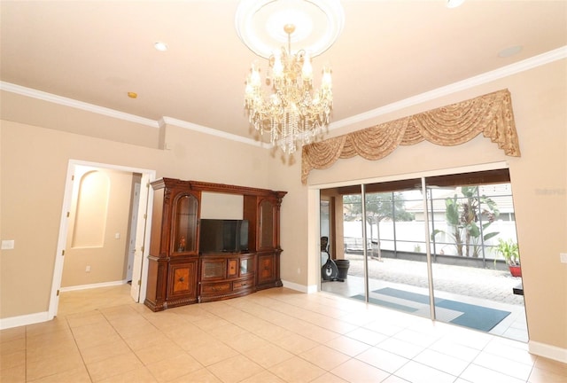 unfurnished living room featuring light tile patterned floors, a notable chandelier, and ornamental molding