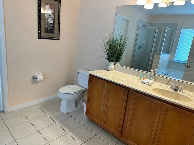 full bathroom with vanity, plus walk in shower, toilet, and tile patterned flooring