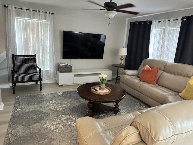 living room featuring ceiling fan and wood-type flooring