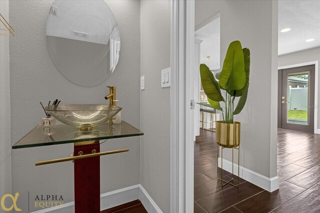 details with sink and hardwood / wood-style floors