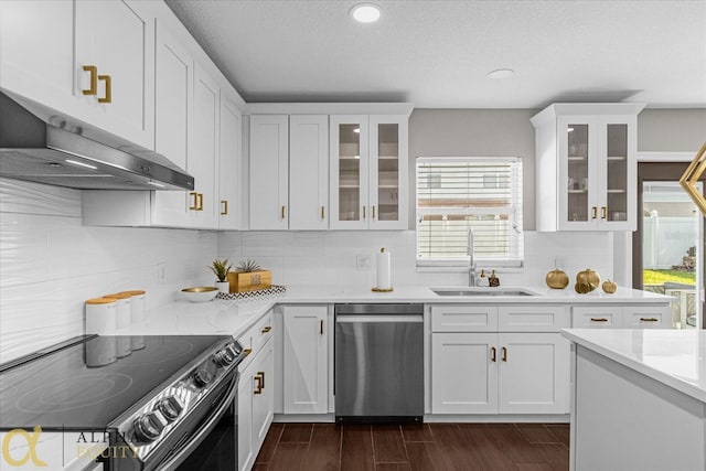 kitchen with a wealth of natural light, electric range, white cabinets, and dishwasher