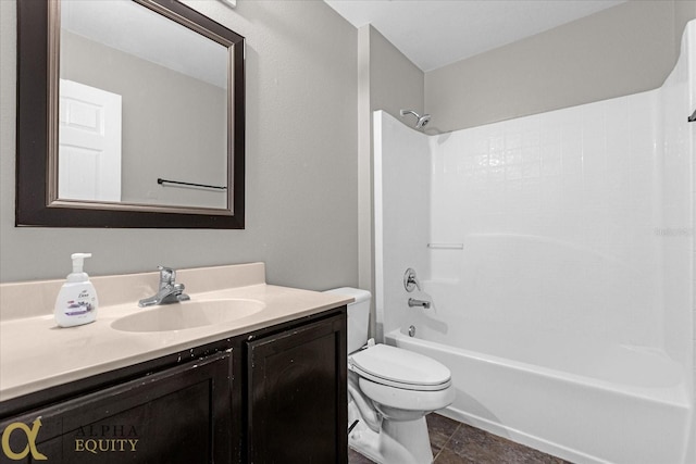 full bathroom with shower / bathtub combination, tile patterned flooring, vanity, and toilet