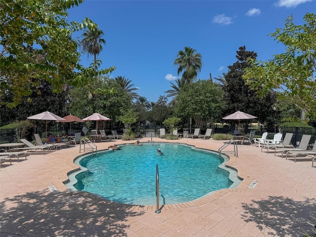 view of swimming pool featuring a patio area