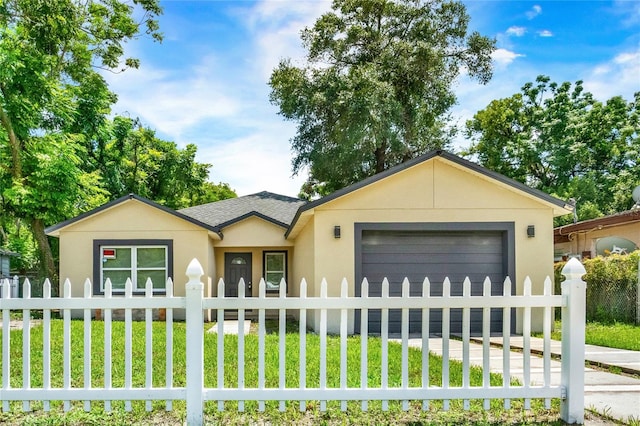 ranch-style home featuring a front yard and a garage