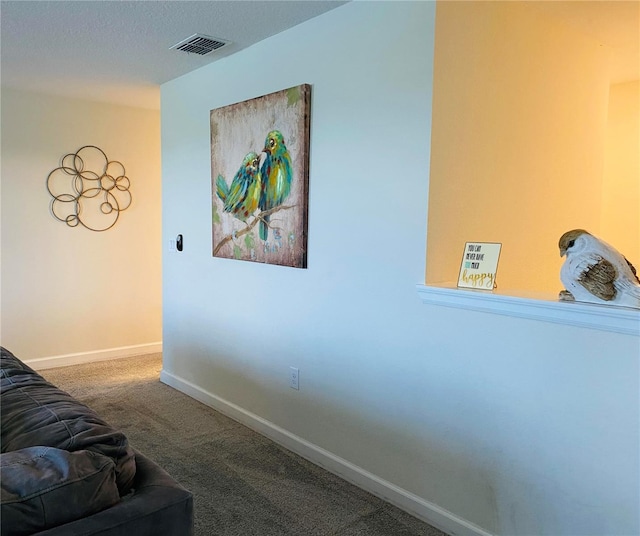 living room featuring a textured ceiling and carpet floors