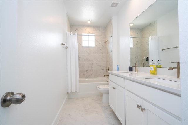 full bathroom featuring tile patterned floors, toilet, shower / tub combo, and vanity