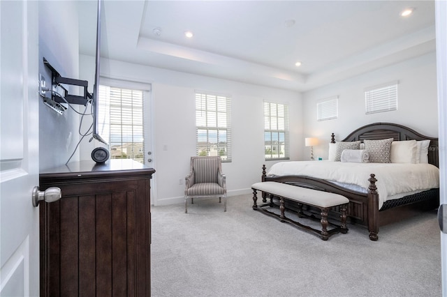 carpeted bedroom featuring a raised ceiling