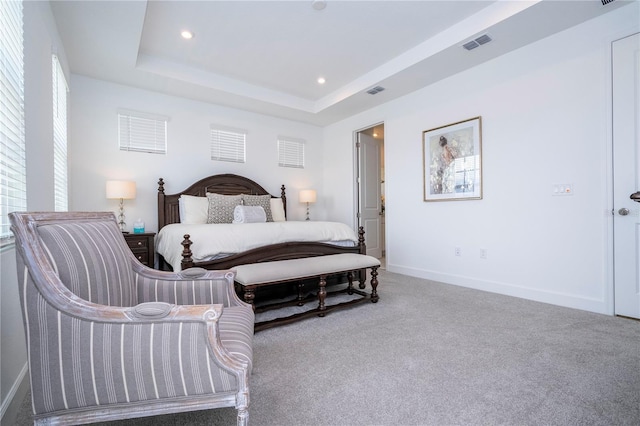 bedroom featuring carpet flooring and a tray ceiling