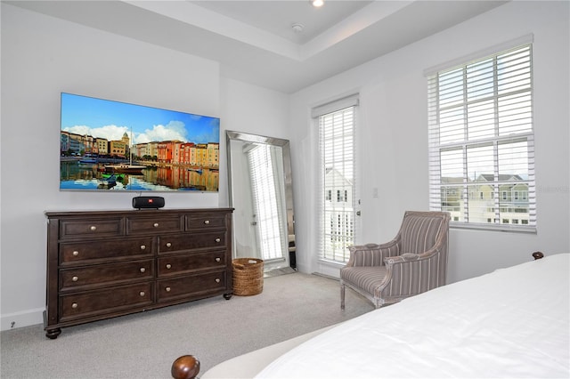 bedroom featuring a tray ceiling, access to exterior, and light carpet