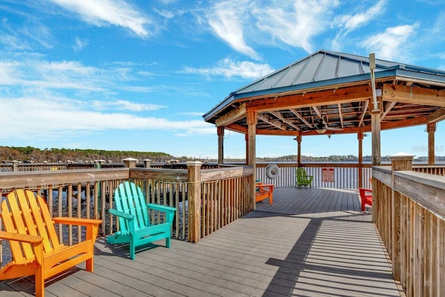 dock area featuring a wooden deck and a gazebo