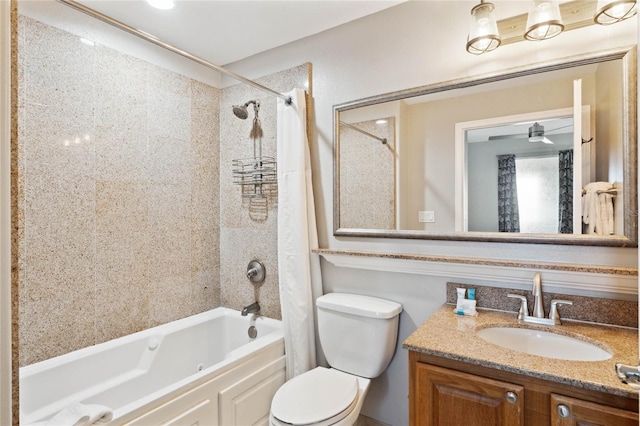 full bathroom featuring vanity, shower / bath combination with curtain, and toilet