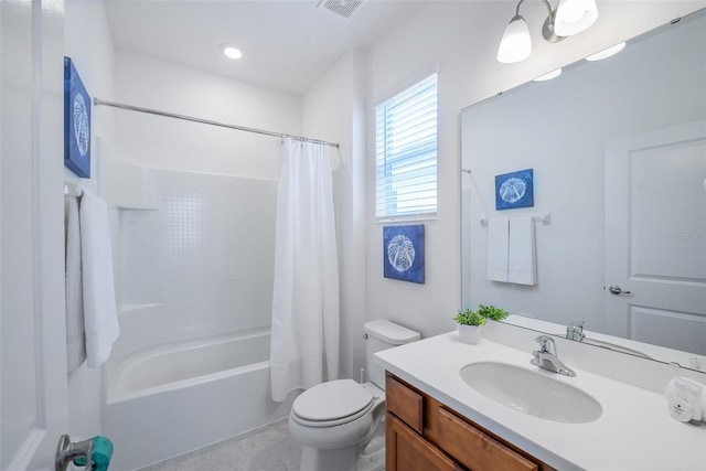 full bath featuring visible vents, shower / bath combo, vanity, and toilet