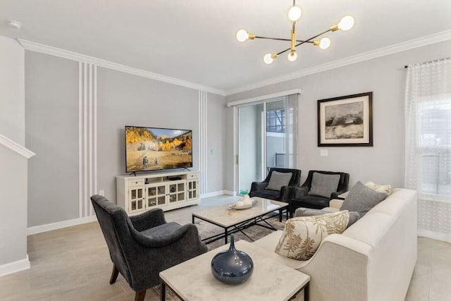 living room with crown molding and a chandelier