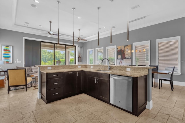 kitchen featuring stainless steel dishwasher, light stone countertops, ceiling fan, sink, and decorative light fixtures